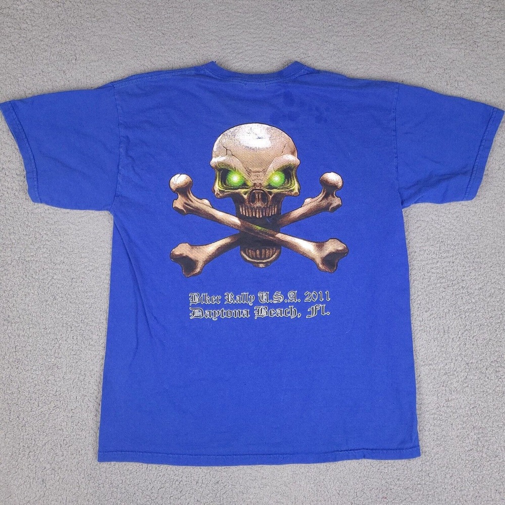 Biker Rally Daytona Beach 2011 T-Shirt Mens Large Blue Motorcycle Skull Bones